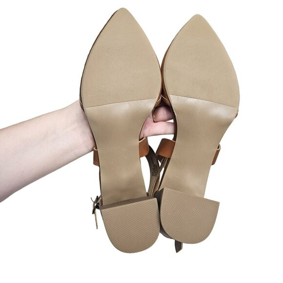 SM New York Brown Faux Leather Block Stacked Heel Ankle Strap Shoes Woven Buckle - Picture 7 of 7